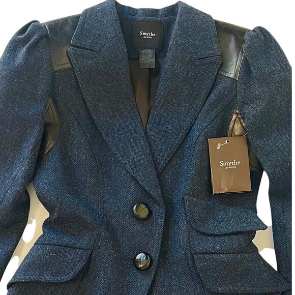NWT Smythe Pouf Sleeve Equestrian Jacket Blazer Navy Wool Leather Patches Size 2 - Picture 4 of 8